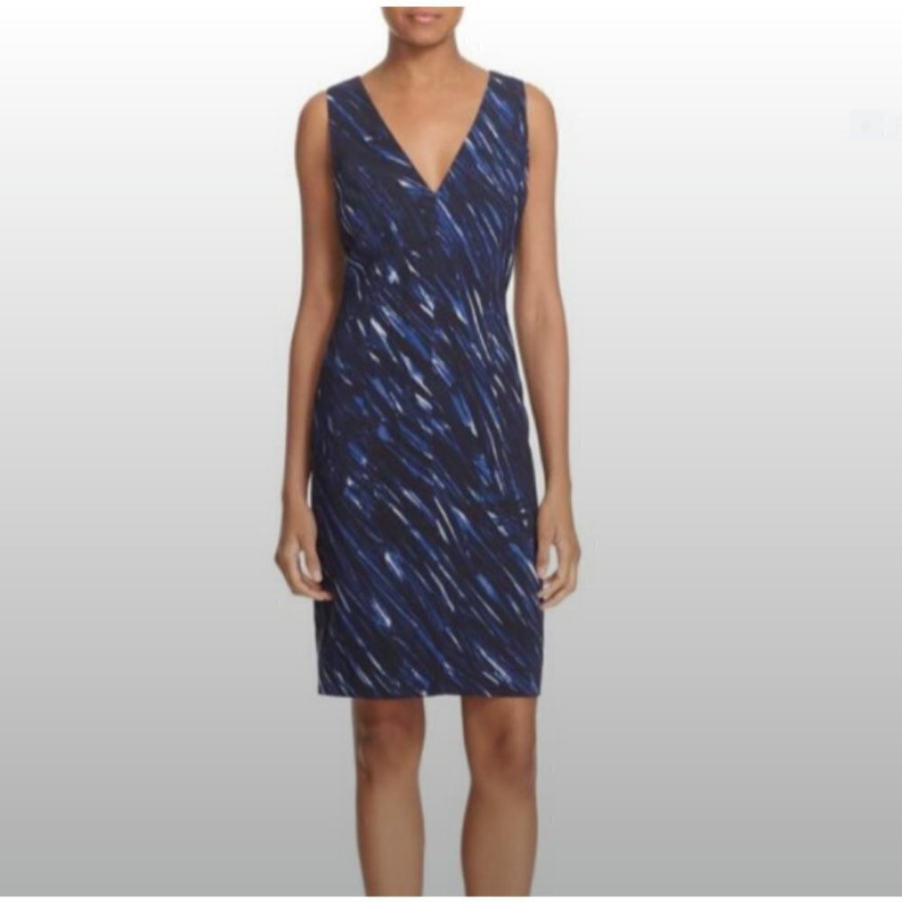 MILLY Blue and Black Brushstroke Sleeveless V-Neck Sheath Dress Size 6